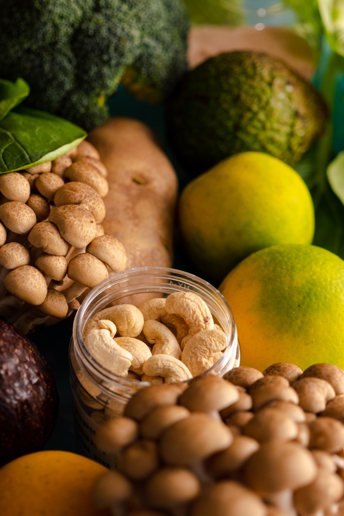 A variety of nuts, vegetables, and fruits.